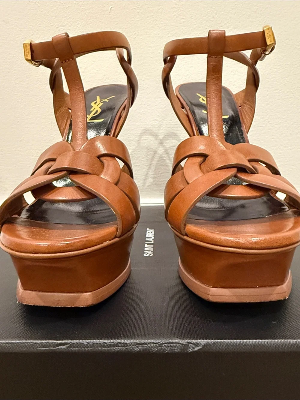 Saint Laurent Tribute 105 Camel Leather Platform Sandals Heels 37.5 Full Set - Picture 2 of 13